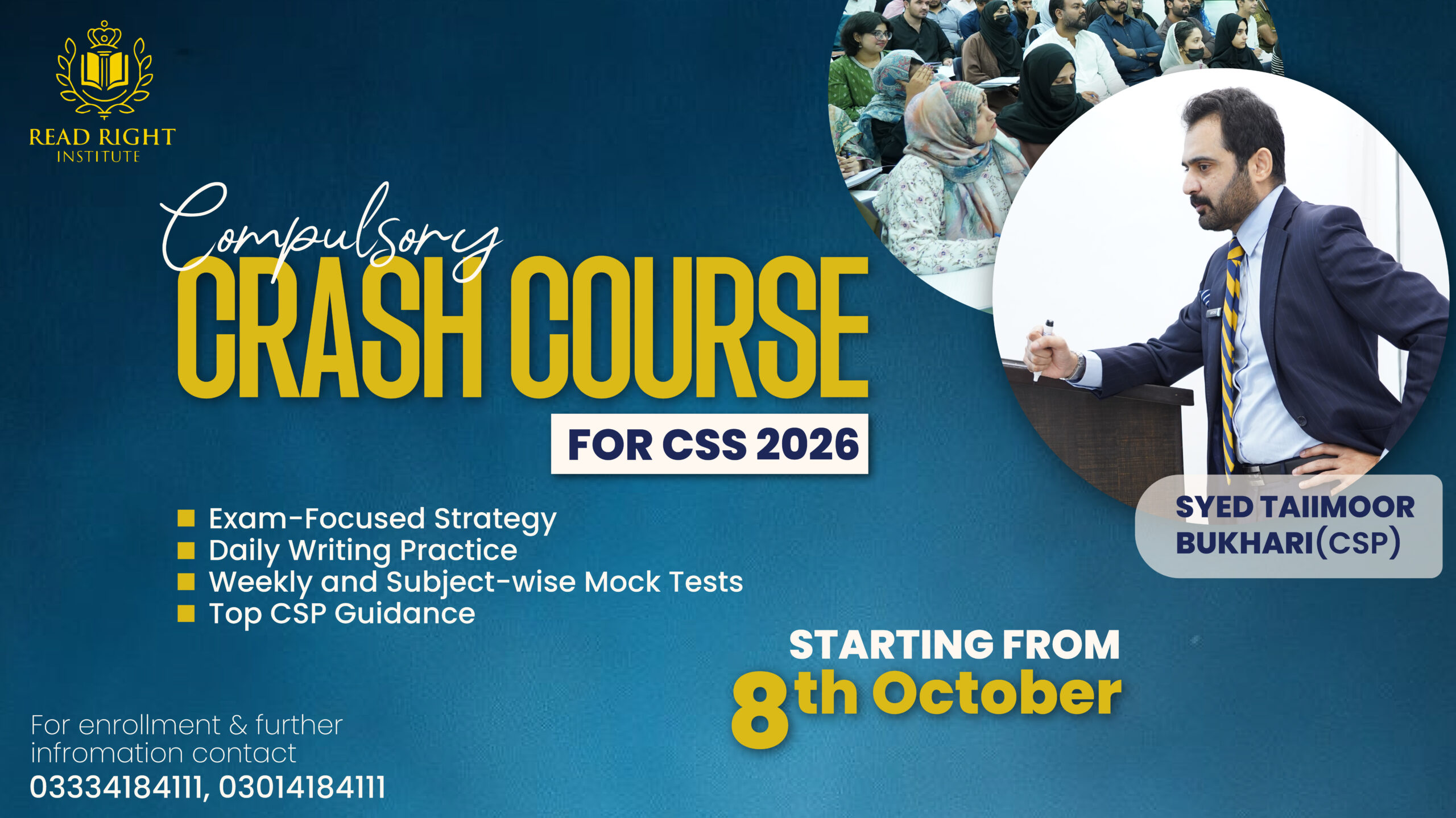 OCTOBER Session for CSS 2026 picture of syed taimoor bukhari teaching to large number of students