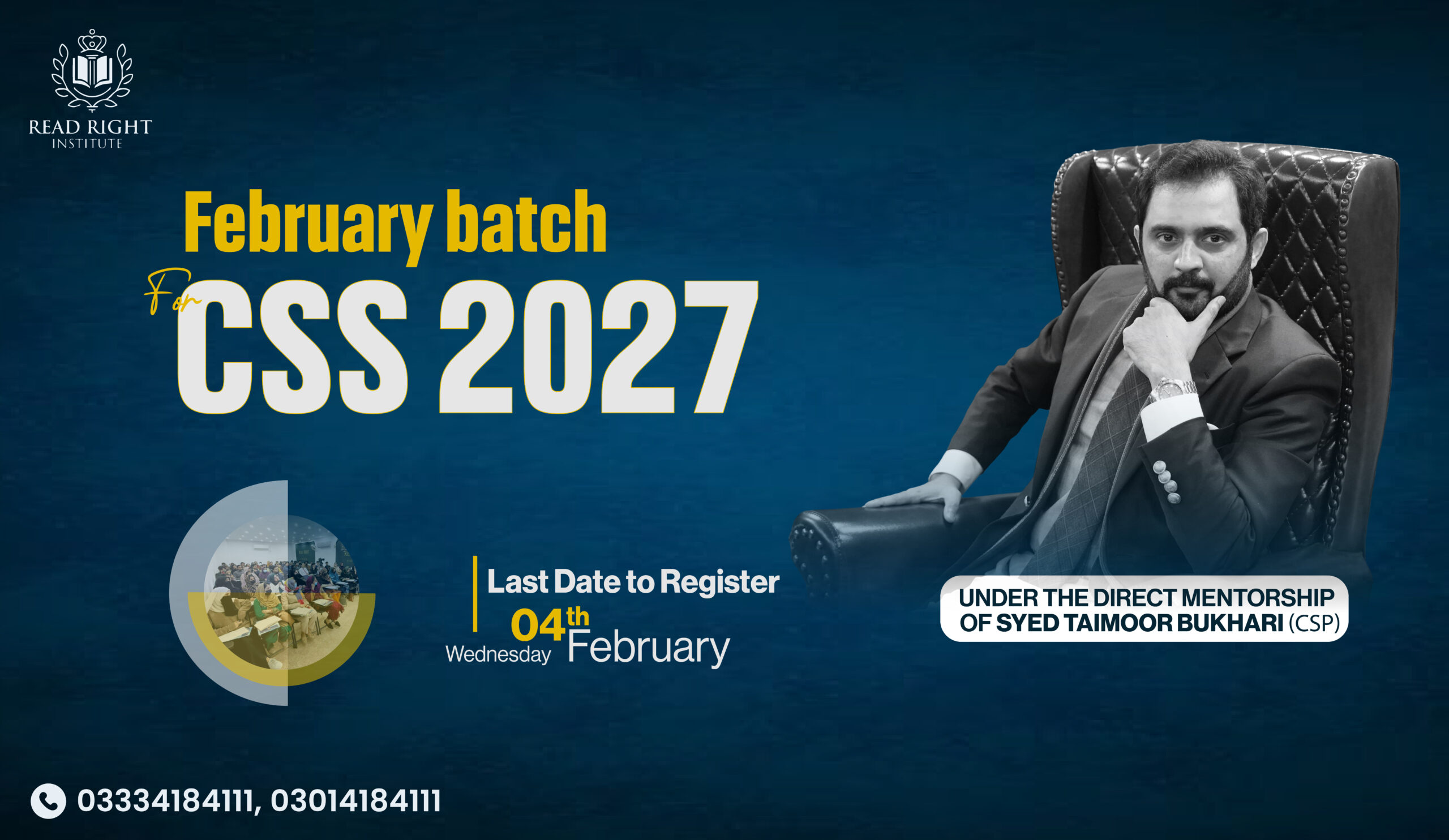 Banner announcing February batch for CSS 2027 by Read Right Institute under mentorship of Syed Taimoor Bukhari CSP, registration last date 5th January