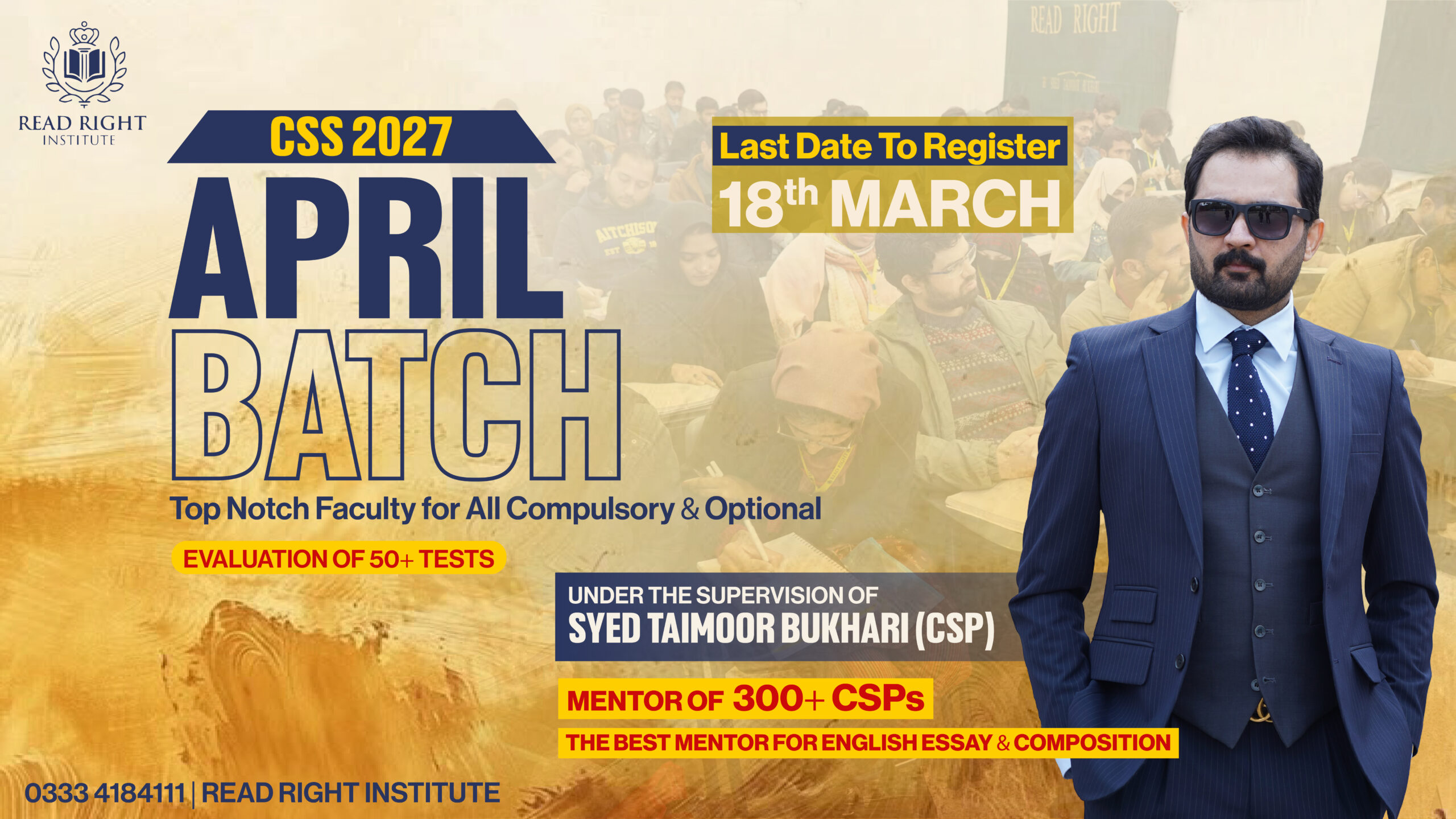 Banner announcing April batch for CSS 2027 by Read Right Institute under mentorship of Syed Taimoor Bukhari CSP, registration
