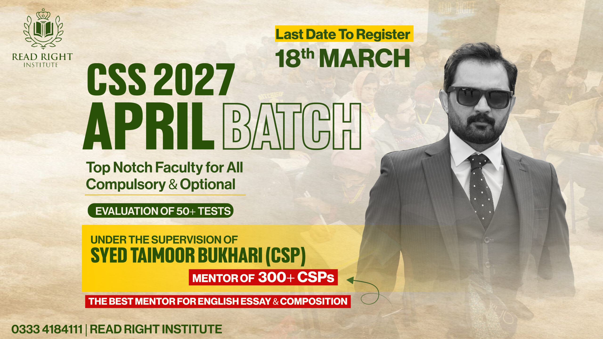 Banner announcing April batch for CSS 2027 by Read Right Institute under mentorship of Syed Taimoor Bukhari CSP, registration